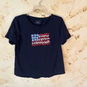 Talbots Women’s Short Sleeve Shirt | Medium Navy Blue USA Flag Floral Print 🇺🇸🌺